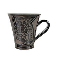 Unmarked Artisanal Stoneware Mug Embossed Fish Scale Leaf Medallion Dark Brown
