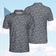 Green Camo Polo Shirt for Men Short Sleeve Outdoors Fishing Hunting Golf