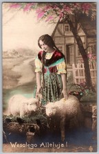 Antique RPPC Postcard Woman Traditional Dress Two Sheep 1920