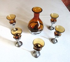 Farber Bros Krome Kraft Amber Glass 5 Cordial Glasses & Decanter Missing Stopper