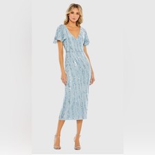 Mac Duggal 93591 Blue Sequined V Neck Flutter Sleeve Tea Length Dress Size 12