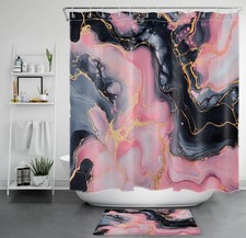 Modern Abstract Pink and Black Marble Shower Curtain Set for Bathroom Decor