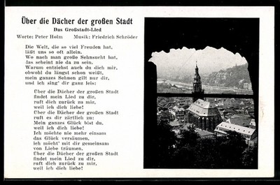Postcard marching song over the rooftops of the big city, view of a city 
