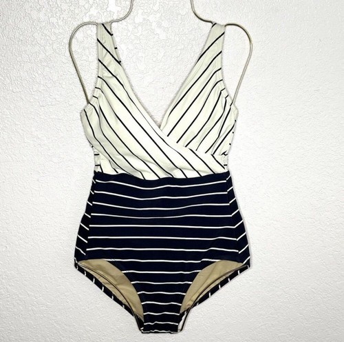 Kona Sol Navy Striped V-Neck Full Coverage One Piece Swimsuit Size S (4-6) New! - 第 1/11 張圖片