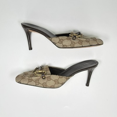 Vintage Gucci Monogram Horsebit Mule Heels in Beige / Brown / Gold