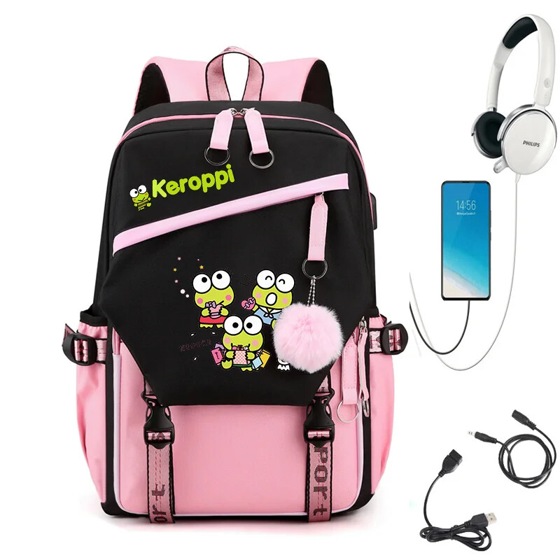 Sanrio Kerokero Keroppi Backpack Rucksack School Bags USB Charging