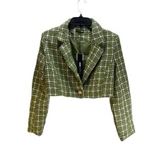 Fashion Nova Christine Tweed Cropped Blazer Jacket L Green White Dressy Preppy