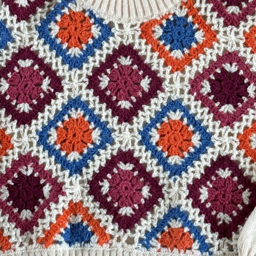 Debut Granny Square Crochet Knit Crew Neck Sweater Size M Boho Cottagecore - Picture 2 of 9