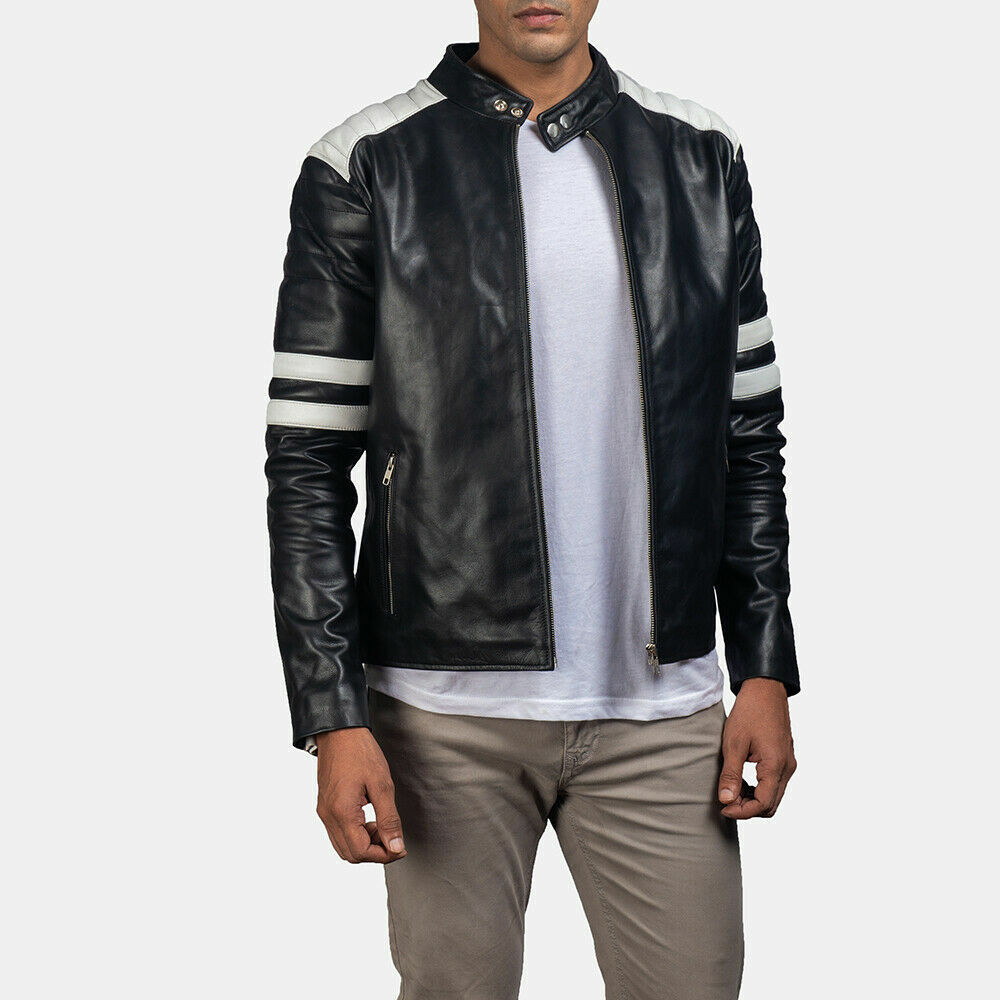 Black Genuine Leather Cafe Racer Biker Jacket for Men
