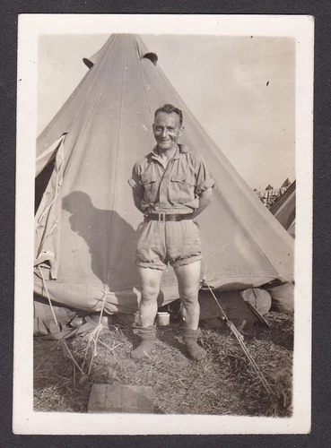 Vintage Snapshot Photo Soldier WW2 Rolled Up Trousers Tent Military Int