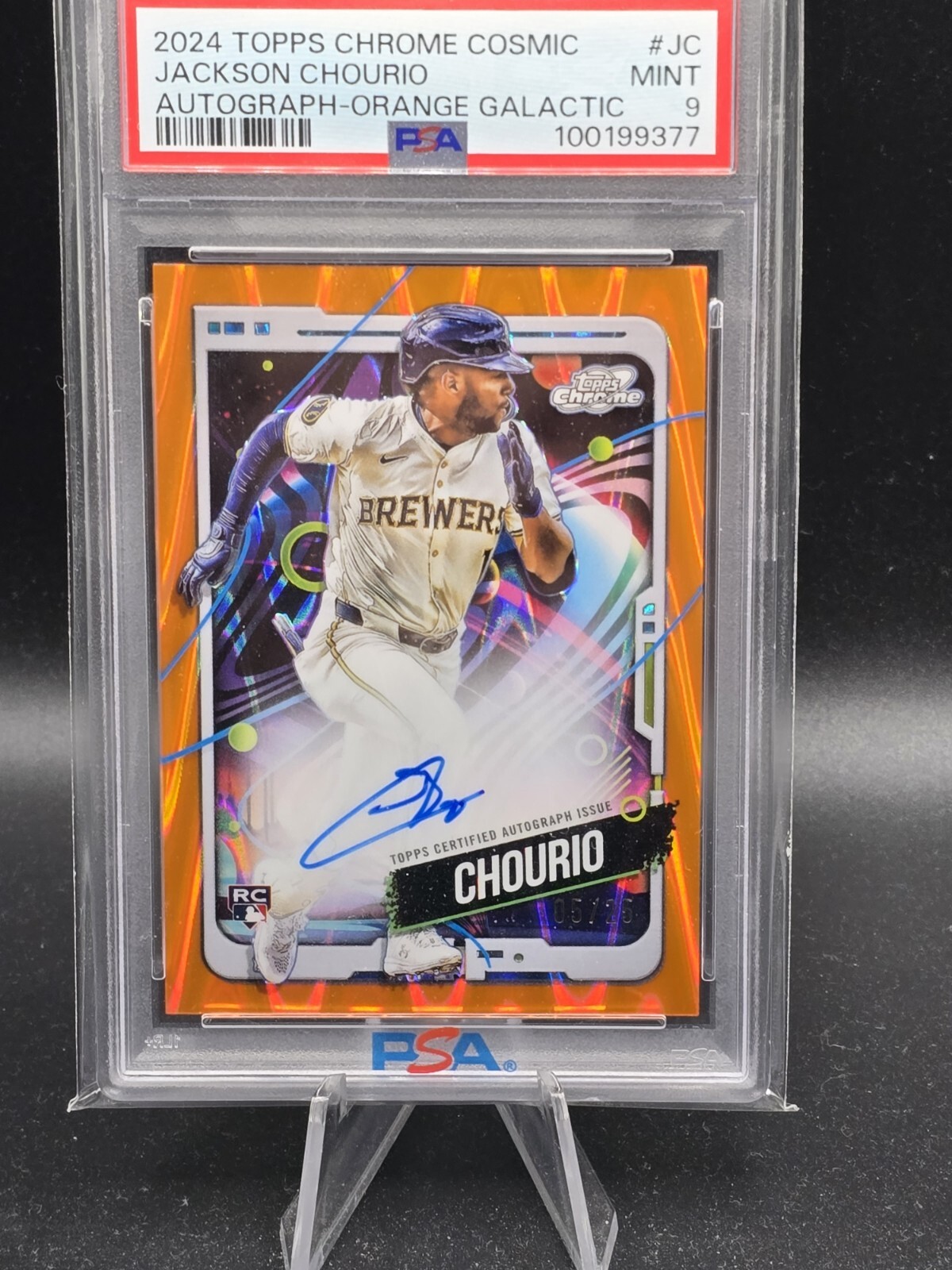 2024 Topps Cosmic Chrome Orange Galactic Auto 05/25 Jackson Chourio RC PSA 9