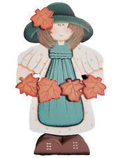 Painted Wood Peasant Girl with Autumn Fall Leaves on Stand 12" Tall, 7.5" Wide