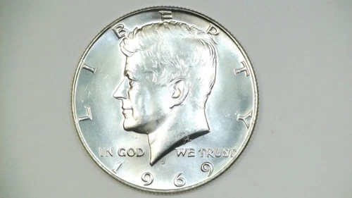 1969 D Kennedy 40% Silver Half Dollar Uncirculated Doubled Die Reverse DDR-004