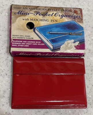 Vtg 80s EMSON Red Vinyl Mini-Pocket~Purse Organizer W/Box~Taiwan~Missing Pen