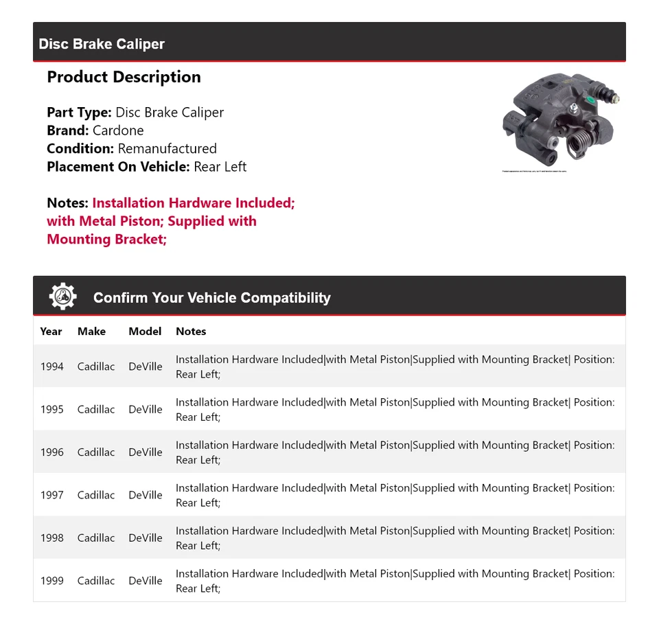 Pinza de freno de disco trasera izquierda cardone 1995 1996 para Cadillac DeVille 1994-1999 Foto 2 de 4