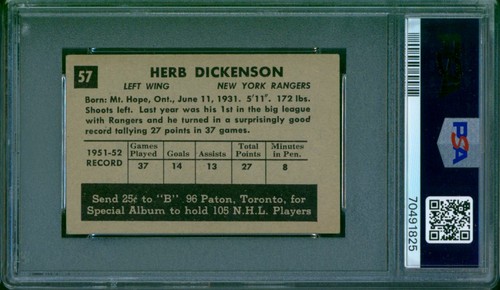 HERB DICKENSON Signed 1952-53 Parkhurst #57 RC Rangers PSA 6 Authentic Auto Rare - Picture 2 of 2