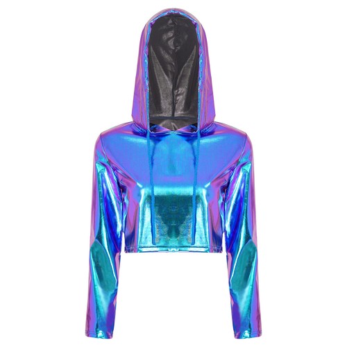 Metallic Damen Hoodie Oberteil glänzend Damen Crop Tops Langarm Clubwear - Bild 22 von 57