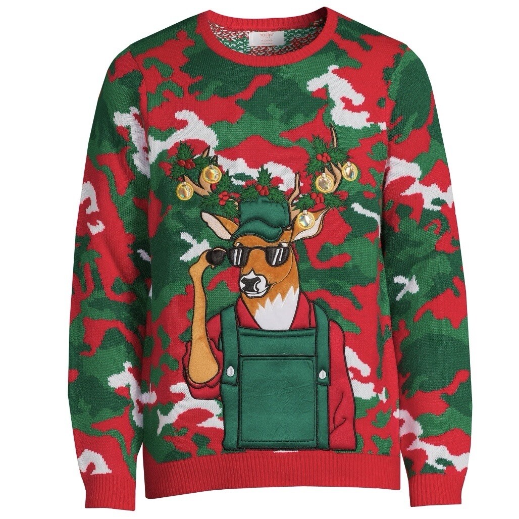 Small Ugly Christmas Sweater Deer Hunting Camouflage Built-in Drink Holder  Men