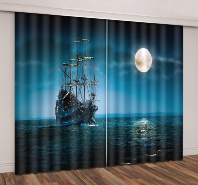 3D Moon Sea Sailing Pirate Ship Printing Window Curtains Blockout Drapes Fabric