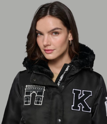 Karl Lagerfeld Paris Women's Patch Fur Hood Bomber Jacket, Style