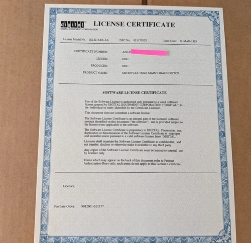 Vtg 1993 VAX VMS Digital DEC Equipment License PAK Key Certificate DIAGNOSTICS P