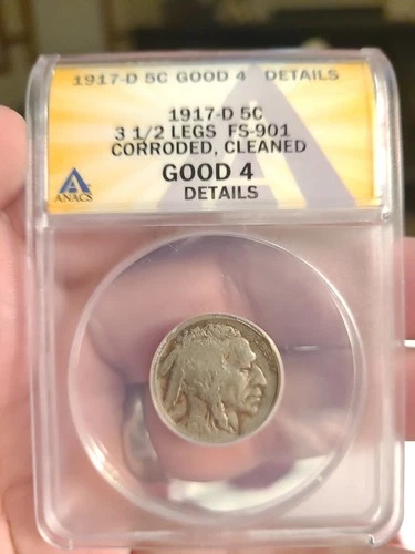 1917 D Buffalo Nickel (3 1/2 LEG FS-901) Anacs Good 4 Details Genuine