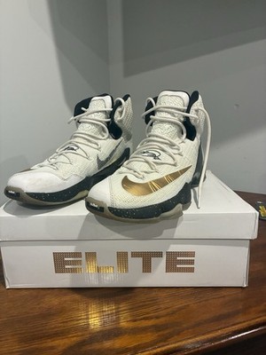 Nike LeBron 12 Elite Men s Basketball Mid-Top Lace-Up Sneakers White/Black/Gold.