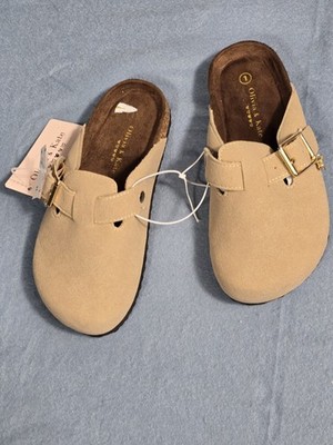 Olivia & Kate Women's Faux Suede Buckle Clog Mules Beige Sz 1