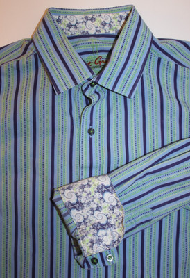 Robert Graham Mens L Button Down Shirt Blue Vertical Stripe Flip Cuff Spring