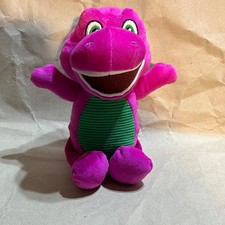 Fisher-Price 8" Barney Plush Purple Dinosaur Stuffed Animal Green Tummy Soft Toy