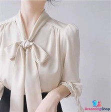 Mulberry Silk Blend Bowtie Women's Spring Long Sleeved V-Neck Bow Tops Shirts