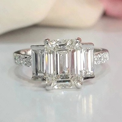   3.56CT Emerald Moissanite Ring 3 Stone 14K White Gold | Perfect Engagement