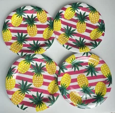 4 Kensie Home Melamine 10.5" Dinner Plates Tropical Pineapple Pink Stripe