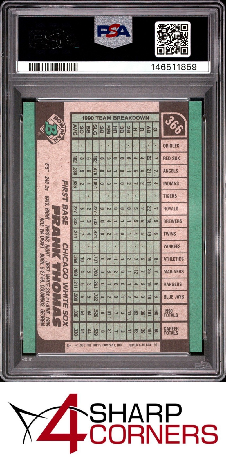1991 BOWMAN #366 FRANK THOMAS WHITE SOX HOF PSA 10 view 2