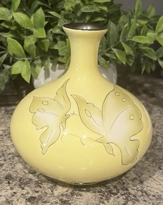 Kokusui Vintage Butterfly Bud Porcelain Vase 6   Jar Yellow Japan