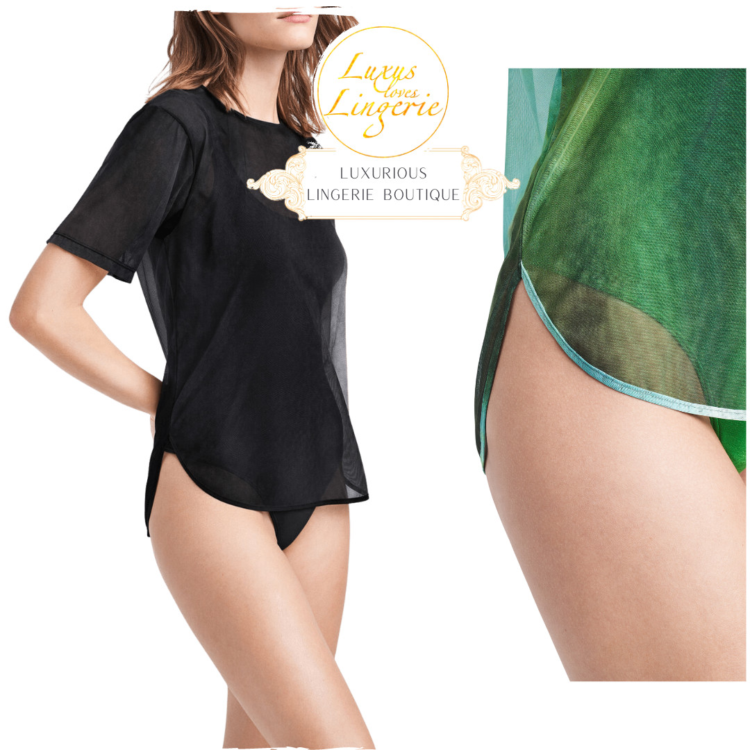 Tulle Shirt by Wolford M Black Transparent Short Sleeve Top