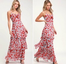 Lulus Dress Lovely Floral Maxi Tiered Red Blue Size XL Wedding Party Shower NWT