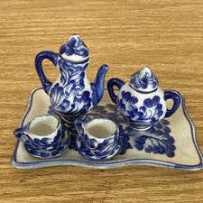 Miniature Doll House Tea Set 9 Piece Cobalt Blue And White Flowers Chinoiserie