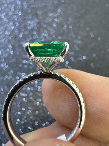 18K White Gold Ring Lab Grown Emerald Colorstone Diamond Hidden Halo Ring - Picture 7 of 11