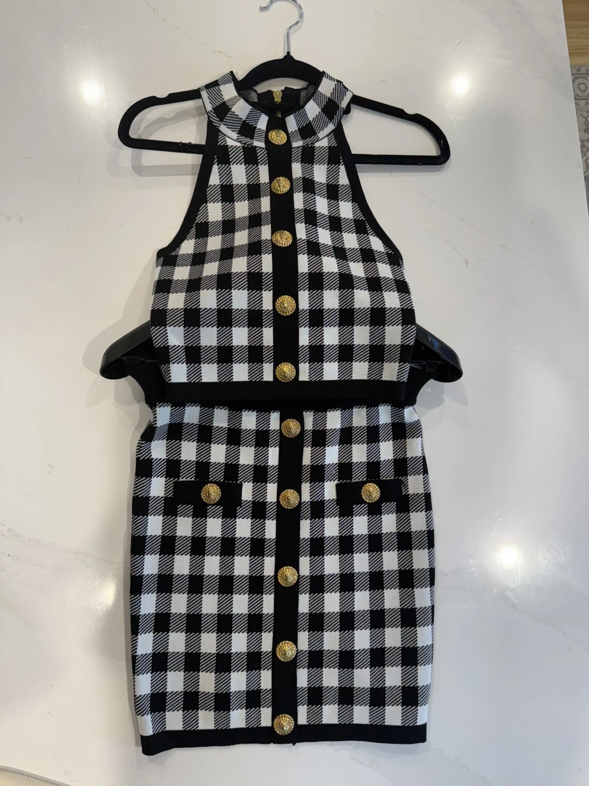Balmain — Balmain Paris Gingham Check Knit Set Top & Skirt Black White Gold Buttons EU S