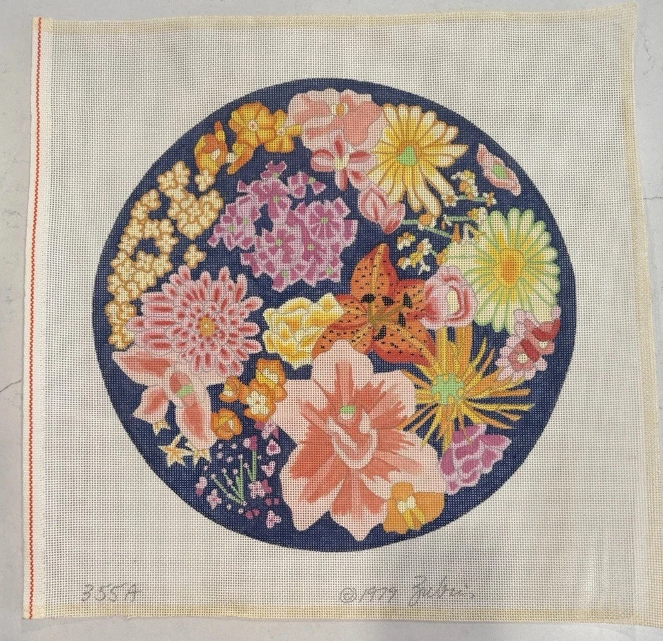 Vintage Zubies Needlepoint Canvas Flowers Tiger Lilly Dianthus Round Navy 13ct - Image 2 of 4