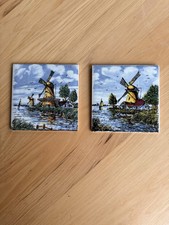 Set Of Two Hand Painted Colored   Delft Tiles Holland Windmill/river
