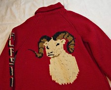 WOW Vtg Cowichan Wool Cardigan Sweater Red Alaska Big Horn Sheep Unisex Mens Med