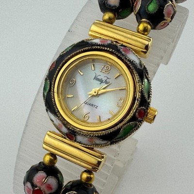 VTG Vanity Fair Quartz Watch Women Gold Tone Enamel Band Bezel New Battery 6.75''
