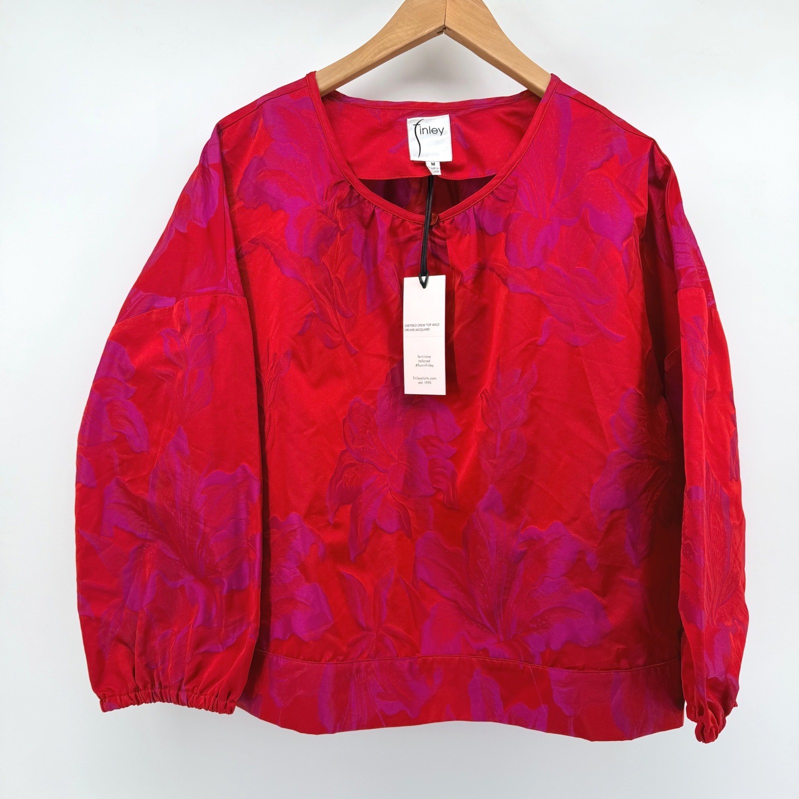 Finley Women M Red Pink Orchid Jacquard Crew Neck Long Sleeve Blouse Top NEW