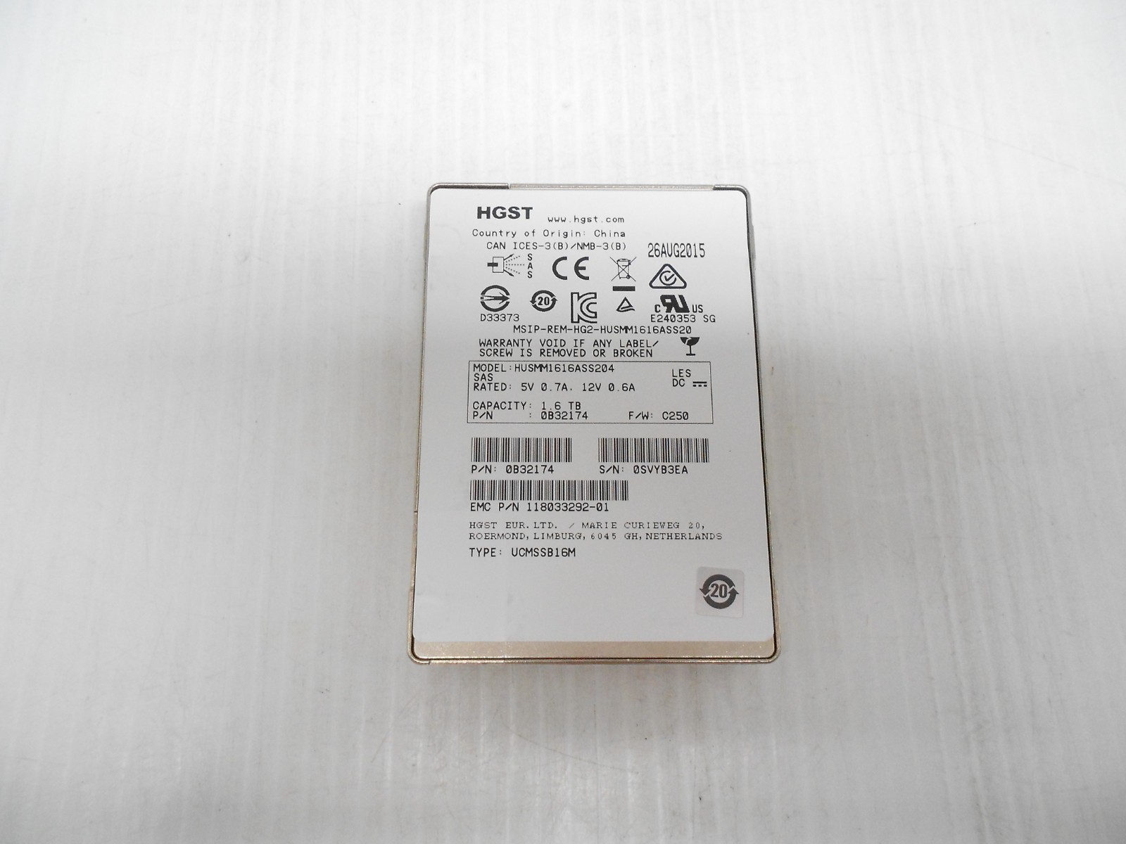 HGST 1.6TB SSD SAS 2.5" 12Gbps Server JBOD Hard Drive HUSMM1616ASS204 ...