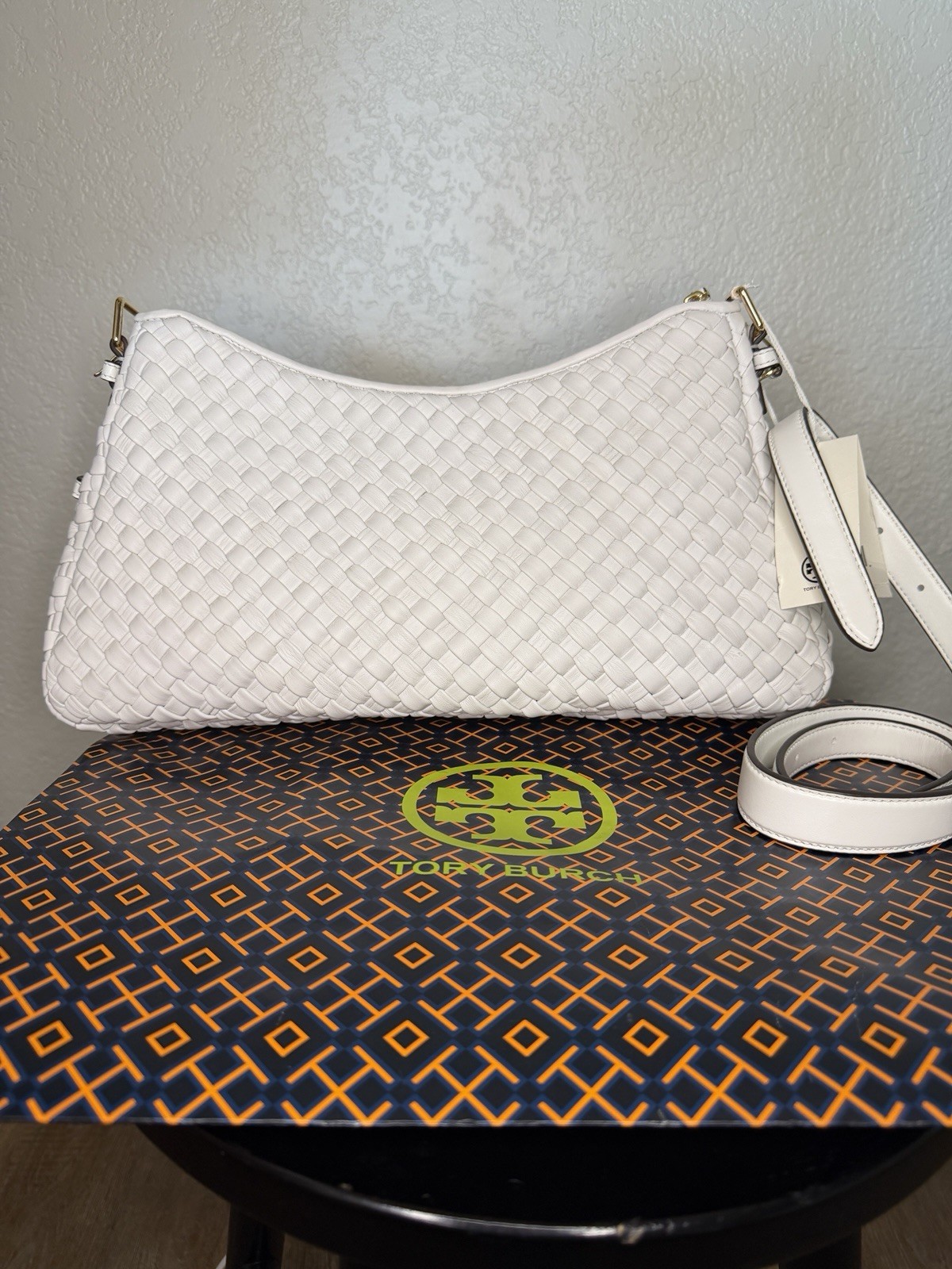 Tory Burch Thea Woven Zip Top Shoulder Bag White Gold Hardware New With Tags image 3