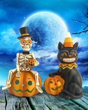 Halloween Decorations Indoor, 2-Pack Resin Black Cat  Skeleton on Pumpkin with