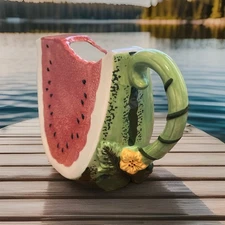 Vintage Linens 'n Things Ceramic Pottery Bitten Watermelon Slice Pitcher - MINT!