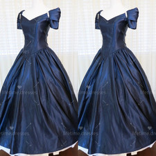 Vintage Wedding Dresses Victorian 1860s Silk Taffeta Navy Blue Bridal Gowns